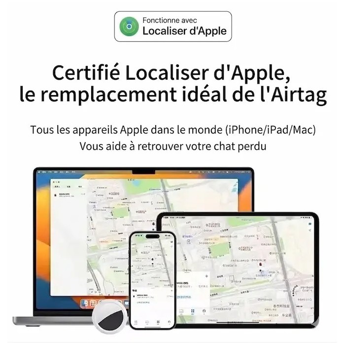 Collier GPS chat AirTag compatible Find My Apple