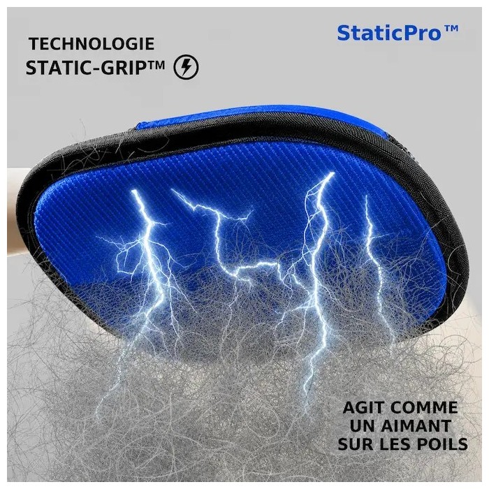 Gants anti-poils Staticpro électrostatique effet aimant avec éclairs bleus capturant une masse de poils d'animaux.