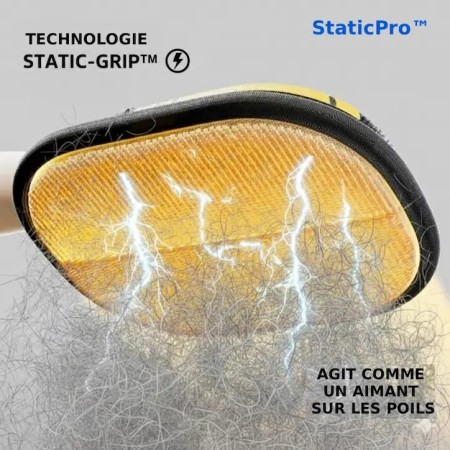 Technologie Static-Grip effet aimant avec éclairs bleus capturant une masse de poils d'animaux.