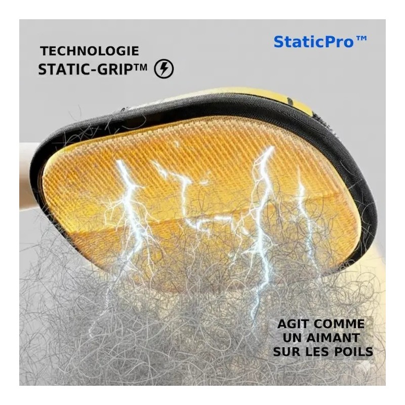 Technologie Static-Grip effet aimant avec éclairs bleus capturant une masse de poils d'animaux.