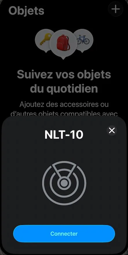 Le collier GPS chat NLT-10 détecté par l'iPhone, bouton Connecter dans l'app Localiser